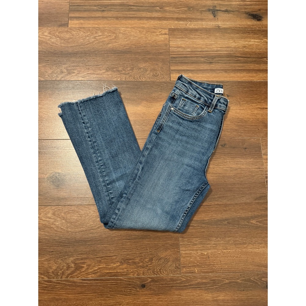 Zara Womens High Rise Flare Jeans Medium Wash Raw Hem Blue Denim Size 4